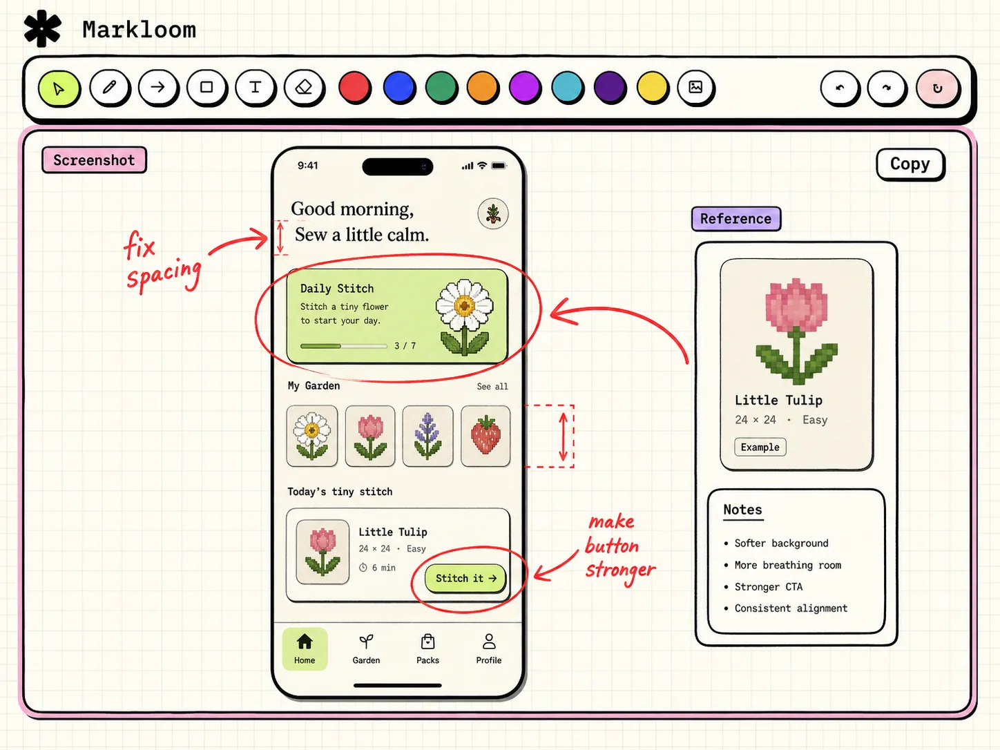 A Markloom review board with a screenshot, red hand-drawn annotations, and an optional reference image.